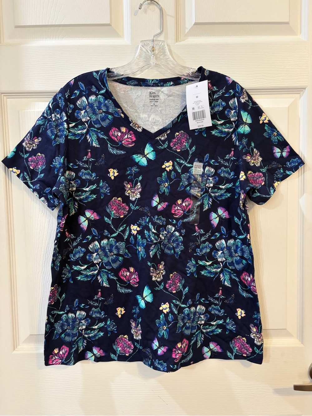 Kim Rogers Navy V-Neck Short Sleeve Floral & Butterfly Print Top NWT